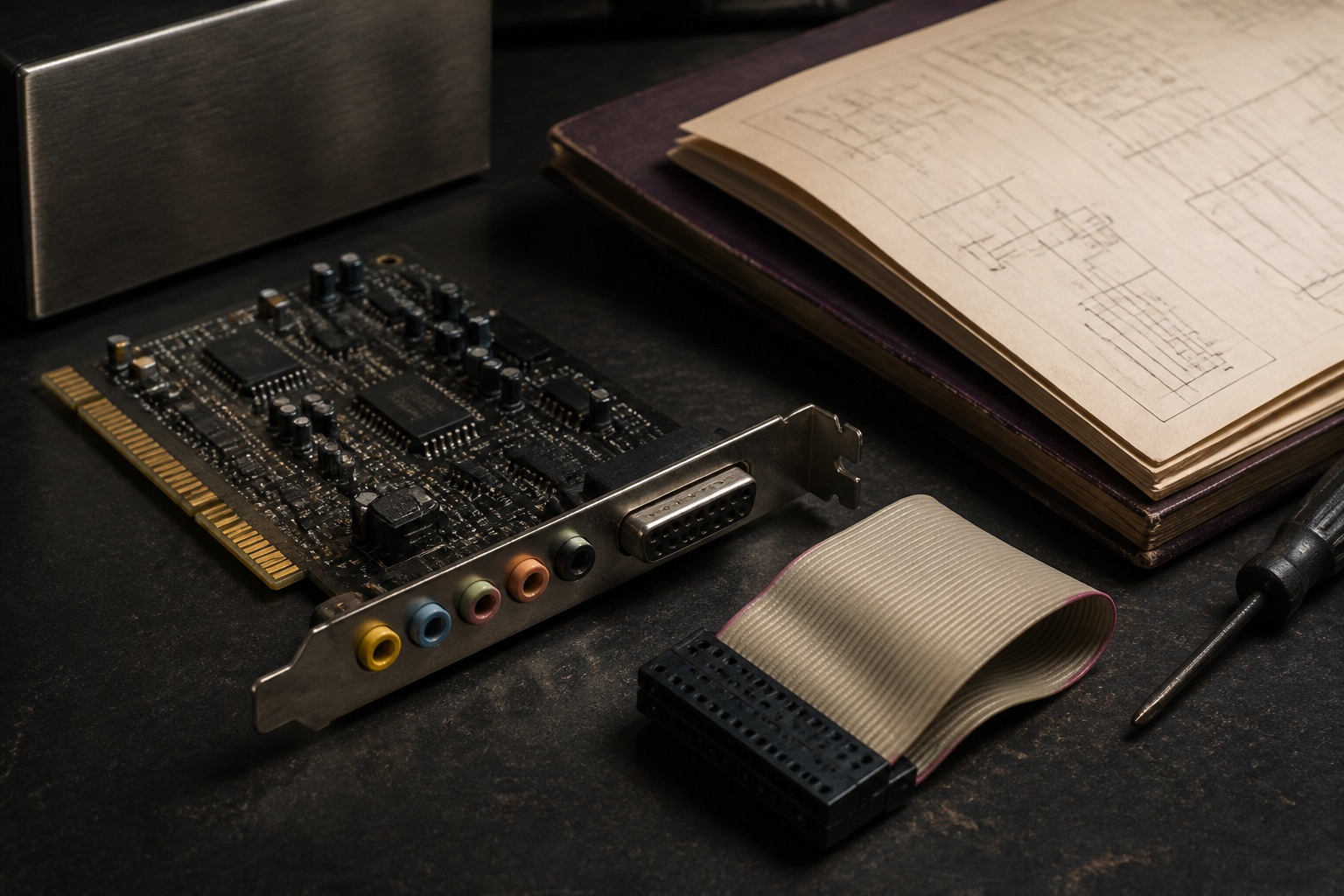 Détail d’un appareil audio ancien et d’une note technique