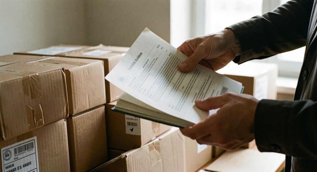 Main tournant une page d’un classeur d’archives devant des boîtes en carton, arrière-plan flou et calme