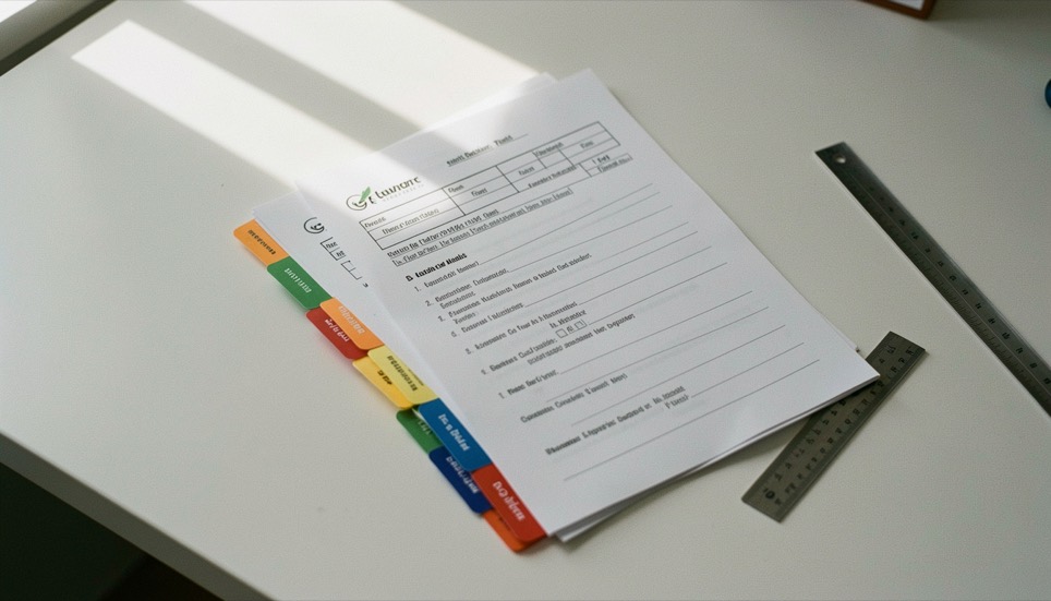 Feuilles de travail superposées avec onglets de couleur et règle métallique, lumière du matin sur une table blanche