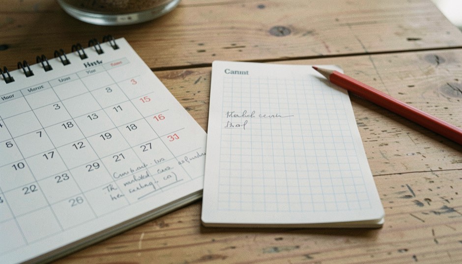 Carnet quadrillé annoté à côté d’un calendrier et d’un crayon rouge, ombres douces sur une table en bois