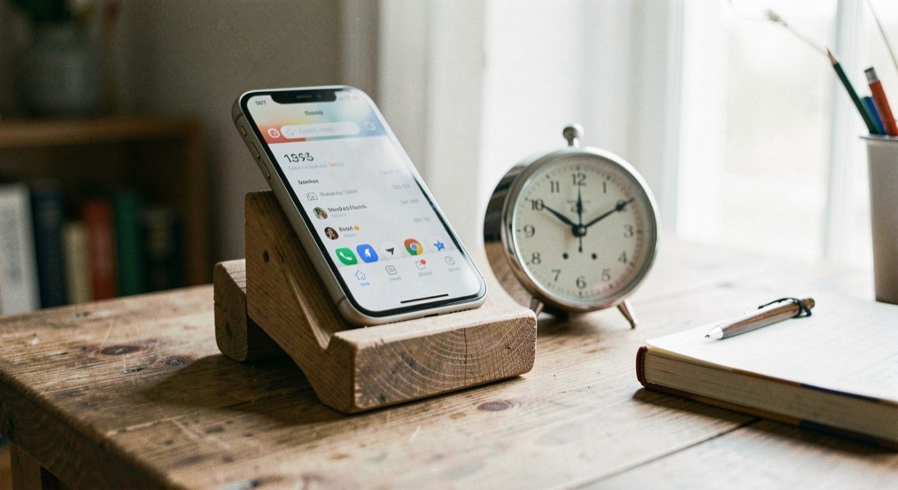 Téléphone sur un support en bois près d’un chronomètre et d’un carnet, lumière naturelle douce